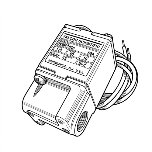 Line art illustration: Valcor Scientific SV94P19C6 solenoid valve, with legible label, electrical wires, and threaded fluid port
