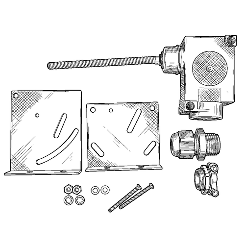 Line art illustration: Back-up alarm switch kit with switch unit, two mounting plates, fasteners, and connectors