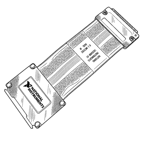Line art illustration: A short, flat electrical ribbon cable with two National Instruments branded connectors