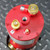Red detector top showing "J17AU-M395-R01M" and date "8/25/89". Open central threaded port, missing dewar cap. BNC connector and smaller coaxial connector intact. "D" label. Minor scuffs on red finish.