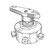 Line art illustration: Stainless steel 7-way ball valve with a top handle and multiple ports on a cylindrical body