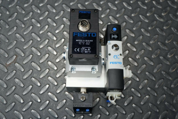 Festo MPPES-3-1/8-6-010 label showing 187512 V572 P2: 0-6bar. Clean assembly, intact M8/M12 connectors.