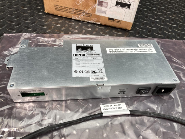 Cisco HPU2850X5 285W power supply module with metal housing, AC inlet, rocker switch, and label showing model HP-U2850X5.