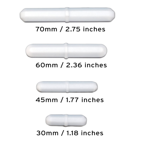 A set of four larger-sized magnetic stir bars from Obtainium Science and Surplus, measuring 30mm, 45mm, 60mm, and 70mm, arranged vertically on a white background. Each bar is white, cylindrical, and features a ridge at the center.