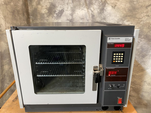 A Fisher Scientific Isotemp Vacuum Oven Model 282A with a front view showing the glass door and control panel. Available from Obtainium Science and Surplus.