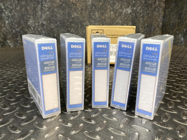 Five Dell LTO Ultrium 3 Data Cartridges standing upright in their packaging on a metal surface. The 5-pack is part of a lot from the Obtainium Science Surplus.