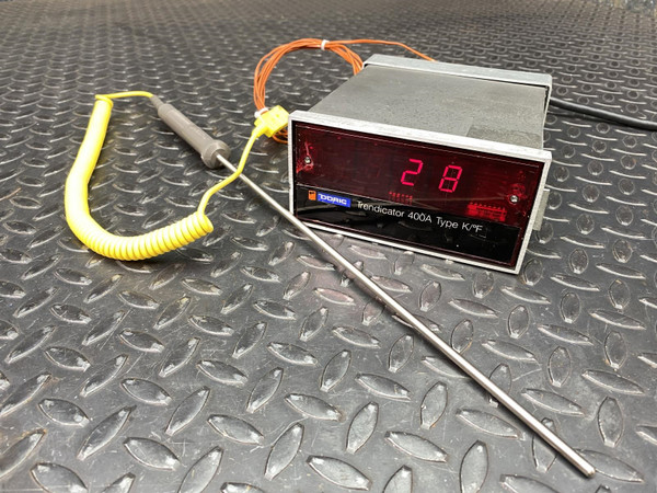 Doric Trendicator 400A thermometer displaying "28" with an Omega Type K probe and coiled yellow cable.