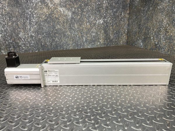 ISEL 23509-9444 ball screw linear actuator with attached motor and movable mounting platform.