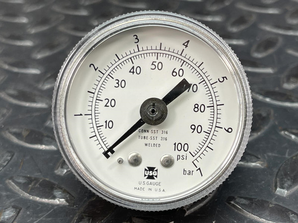 Ametek P1535 0-100 PSI corrosion resistant pressure gauge with 2 inch face and clear dial markings.