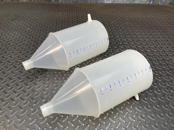 Two Vitlab 8-pint graduated funnels showing threaded bottoms and side port fittings.