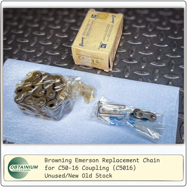 Browning Replacement Chain for C50-16 Coupling, Unused from Obtainium Science and Surplus. Image shows the contents of the product including a boxed chain, the wrapped metal chain links, and a sealed packet with connecting hardware, displayed on a black metal surface.