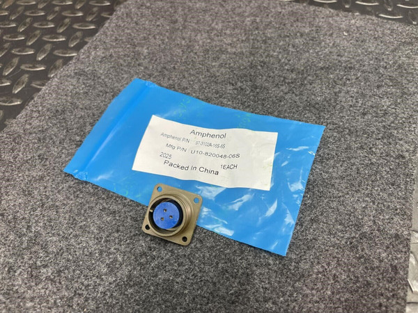 Amphenol 97-3102A-16S-6S female circular connector with 3 pins and blue insert, next to its packaging.