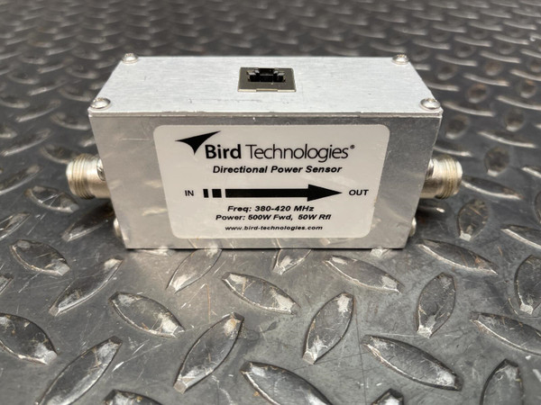 Bird Technologies directional power sensor with label showing 380-420 MHz, 500W Fwd, 50W Rfl.