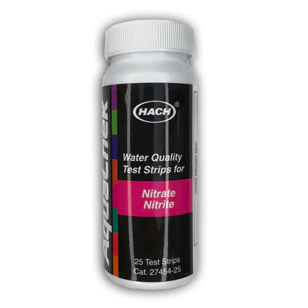 Black label reads Nitrate Nitrite, 25 Test Strips, Cat. 27454-25. White ribbed cap. Label shows multicolor reagent pad reference strip.