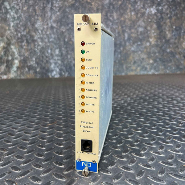 Front angled view of Nuclear Data ND556 AIM Acquisition Interface Module showing Ethernet port, ND logo, and status indicator panel.