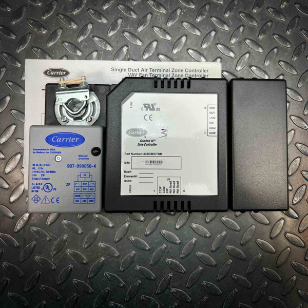Controller unit 33ZCSECTRM label intact, showing CE/cULus marks. Includes damper actuator 907-990050-4 and instruction sheet.