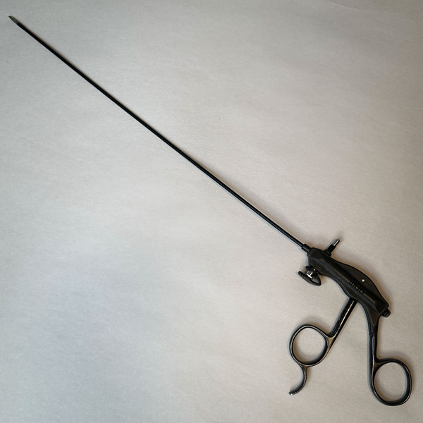 Full view of a 45cm long R. Wolf 8379.011 grasping forceps, a black surgical instrument with a scissor-style handle and a slender shaft used in minimally invasive procedures.