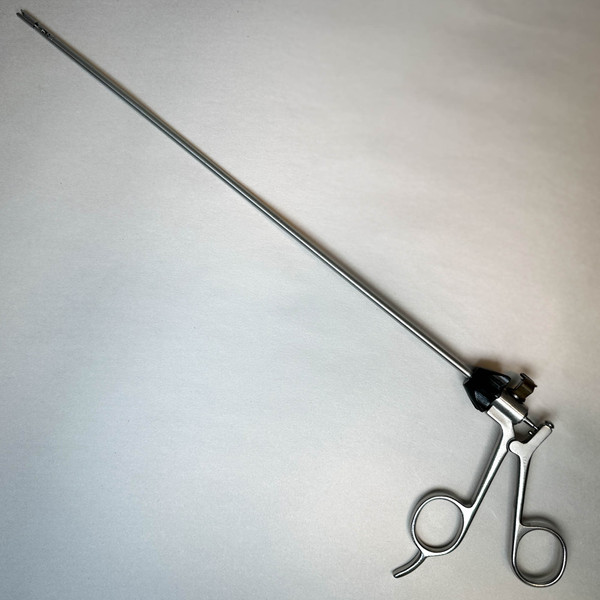 A full view of a 5mm Rotating Gazayerli Knot Pusher, a stainless steel surgical instrument with scissor-style finger rings, a long thin shaft, and a specialized tip used for laparoscopic knot tying.