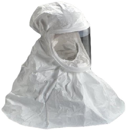 Unused white Tychem hood showing factory folds and creases, clear visor intact, double bib design visible.