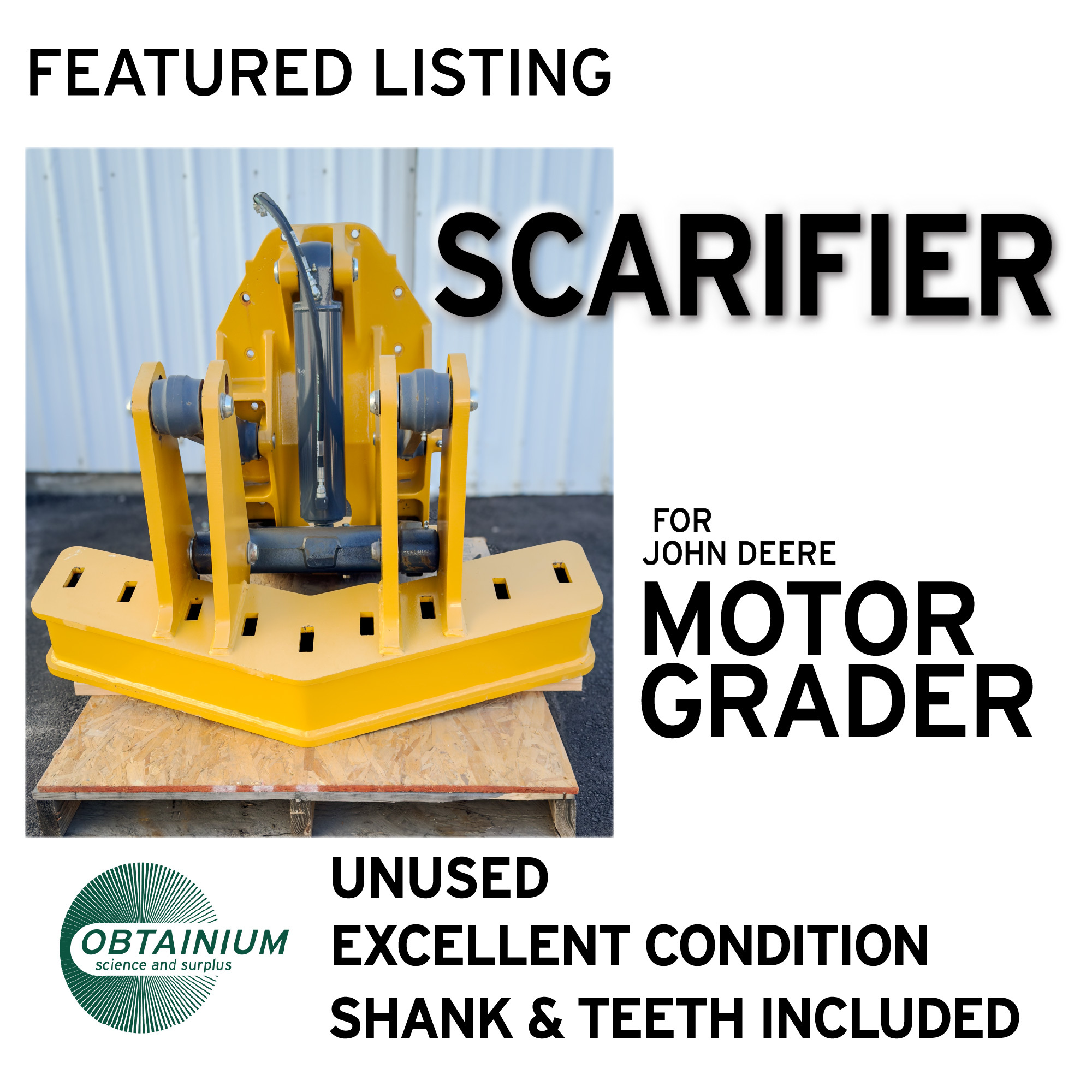 A front view of the yellow Front Mount Scarifier for John Deere Motor Graders from Obtainium Science and Surplus, showcasing its robust frame and steel components.