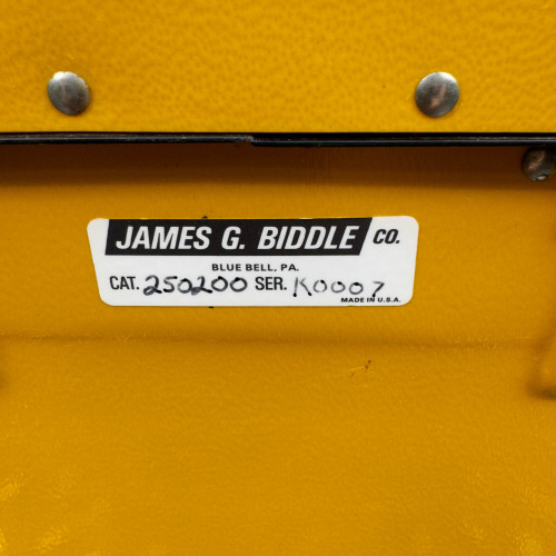 Close-up of the James G. Biddle Co. label on the Biddle Megger Digital Ground Earth Tester from Obtainium Science and Surplus, indicating model and serial number.