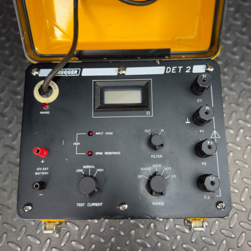 Top view of the control panel on the Biddle Megger Digital Ground Earth Tester from Obtainium Science and Surplus, with knobs, switches, and display.