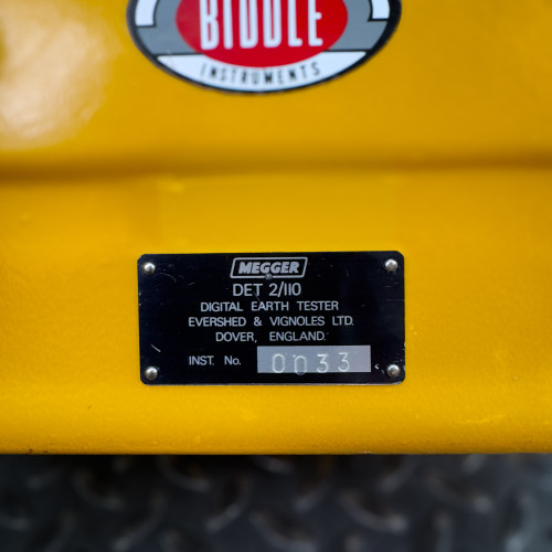 Close-up of the label showing model and serial number on the Biddle Megger Digital Ground Earth Tester from Obtainium Science and Surplus.