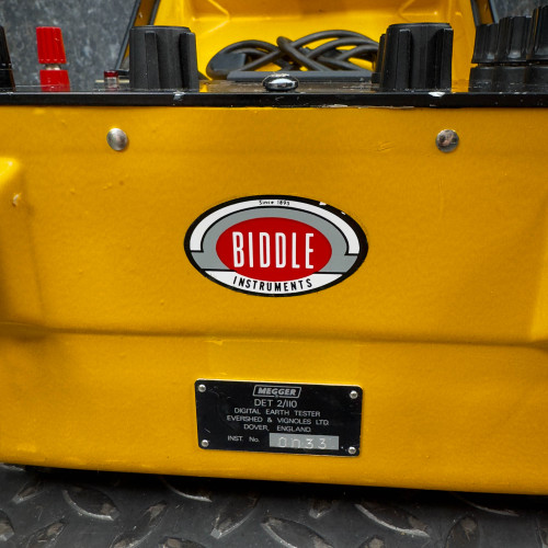 Close-up of the Biddle Instruments logo and model information on the Biddle Megger Digital Ground Earth Tester from Obtainium Science and Surplus.