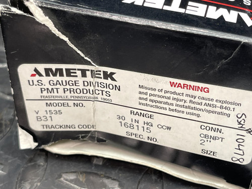 Ametek V1535 Vacuum Gauge 30 In. Hg. CCW 2" Face 1/4" CBNPT Connector