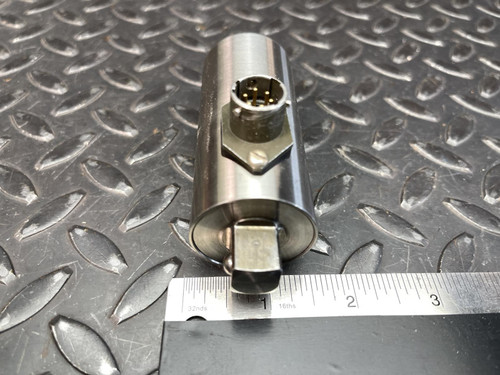 Side angle of the Norbar Torque Transducer with 1/2" drive and attached connector, aligned next to a ruler, from Obtainium Science and Surplus.