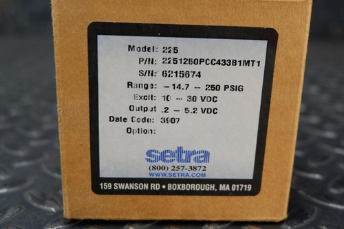 Setra 225 P/N 2251250PCC433B1MT1 Pressure Transducer -14.7-250 PSIG