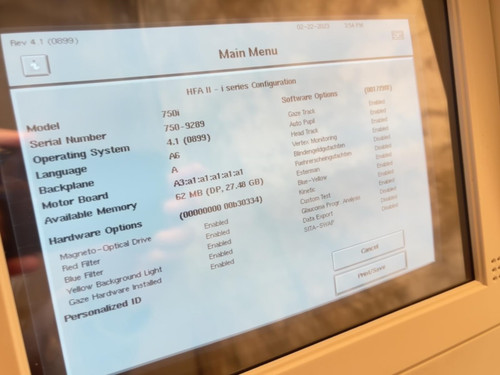 The display screen of the Carl Zeiss Meditec Humphrey Visual Field Analyzer 750i, showing the device's main menu interface and technical specifications.