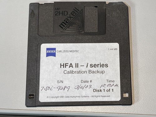 A floppy disk labeled "HFA II / I Series Calibration Backup" for the Carl Zeiss Meditec Humphrey Visual Field Analyzer 750i from Obtainium Science and Surplus.