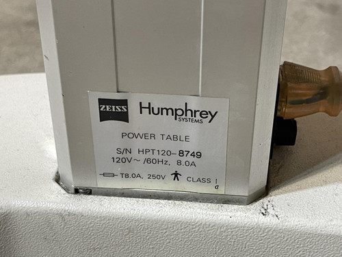 A close-up of the power table label for the Carl Zeiss Meditec Humphrey Visual Field Analyzer 750i from Obtainium Science and Surplus, showing model and specs.