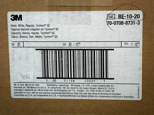 A close-up view of a shipping label on a cardboard box, showing the 3M logo and product details. PAPR Hood BE-10-20 available from Obtainium Science & Industry Surplus.