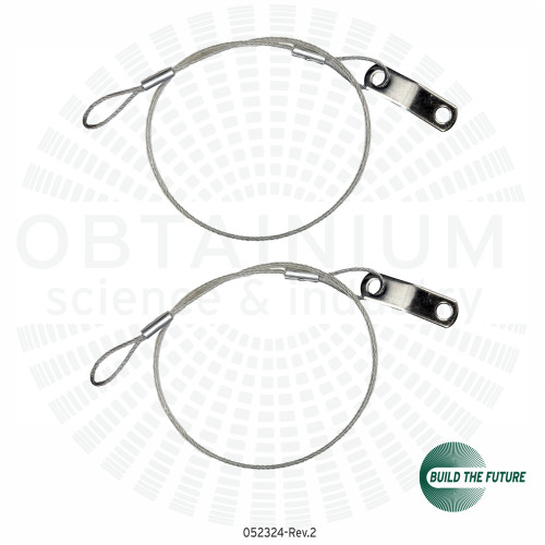 GoPro Mount action camera safety tether from Obtainium Science and Surplus. Image shows two steel wire rope tether lanyards with loops on each end and a mounting attachment.