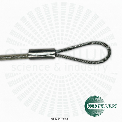 Close-up of the looped end of a GoPro Mount action camera safety tether from Obtainium Science and Surplus, showing the steel wire rope construction.