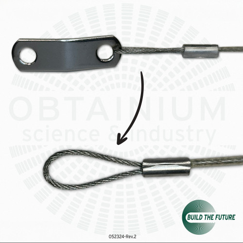 GoPro Mount action camera safety tether from Obtainium Science and Surplus. Image highlights the looped end and mounting attachment of the steel wire rope tether lanyard with an arrow indicating the connection.