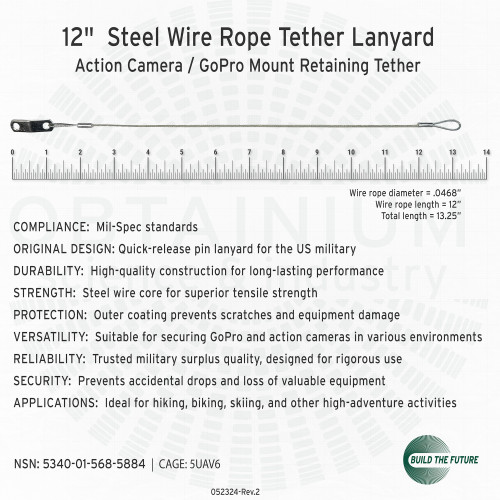 Detailed description of a 12-inch steel wire rope tether lanyard for GoPro Mount action camera safety from Obtainium Science and Surplus, featuring compliance, durability, strength, protection, versatility, security, and applications.