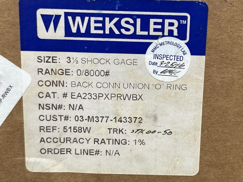 Weksler Pressure Gauge 3 1/2" Face, 0-8000 PSI, EA233PXPRWBX