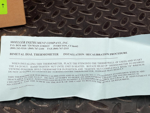 Moeller Thermometer -40 to 180° F. 6685-00-239-6679, ITD318A4, -Unused
