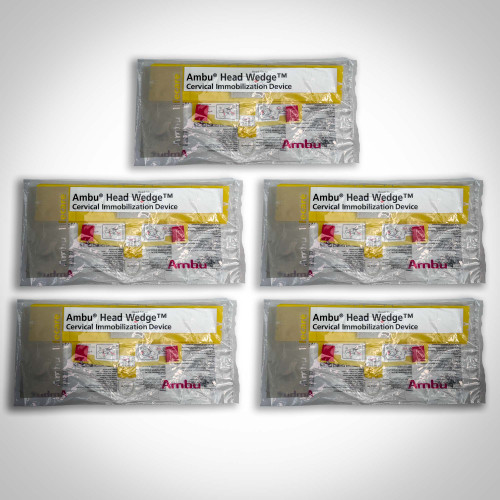 The image shows five sealed packages of the Ambu Head Wedge cervical immobilization device, arranged in a grid layout. Each package is clearly labeled and displays parts of the yellow device and red elements through the transparent packaging. This arrangement highlights the uniformity and availability of the device, ready for distribution and use in medical emergency scenarios. The consistent branding and packaging ensure quick identification and handling efficiency.