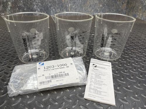Three Nalgene beakers from Obtainium Science and Surplus placed on a textured surface, accompanied by packaging and an instruction manual.