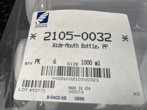 6 - Nalgene 2105-0032 Wide Mouth PP Bottles, 1000 ml, w/Caps