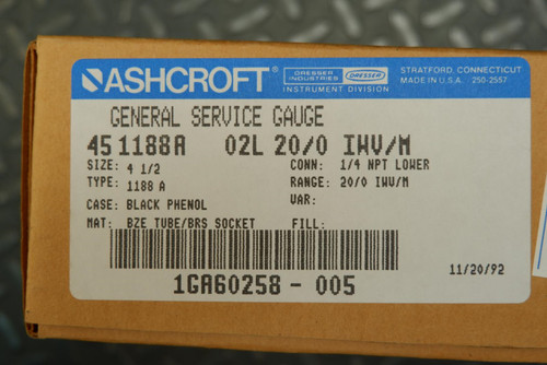 Ashcroft 45-1188A-02L-20/0-IWV/M 20" H20 / 37 MM HG 4.5" Gauge 1/4" NPT -Unused