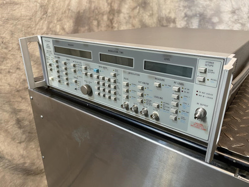 A closer front view of the Wiltron 6769B Synthesized Sweep Generator from Obtainium Science and Surplus, showing the detailed control panel and labeled interfaces.