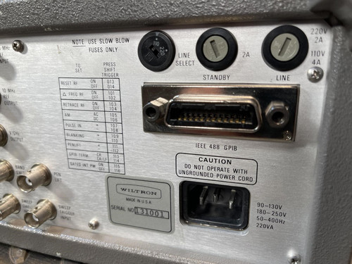 Right-side rear close-up of the Wiltron 6769B Synthesized Sweep Generator from Obtainium Science and Surplus, showing various connectors and labels.