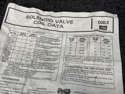 A zoomed-in section of the instruction sheet for the ASCO Replacement Coil 222345-009-D – 120V HB Series from Obtainium Science and Surplus, showing solenoid valve coil data, replacement instructions, and electrical specifications.