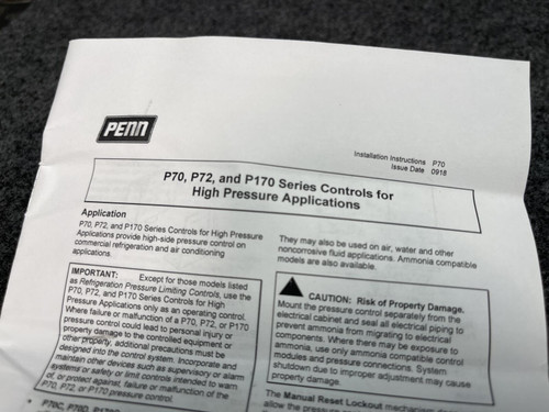 Penn, Johnson Controls, P70AA-400C Head Pressure Fan Cycling w/ Trolotemp FPC