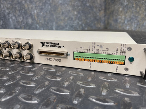 A close-up of the National Instruments BNC-2090 terminal block, highlighting the connectors and labeled components. This terminal block is from Obtainium Science & Industry Surplus.